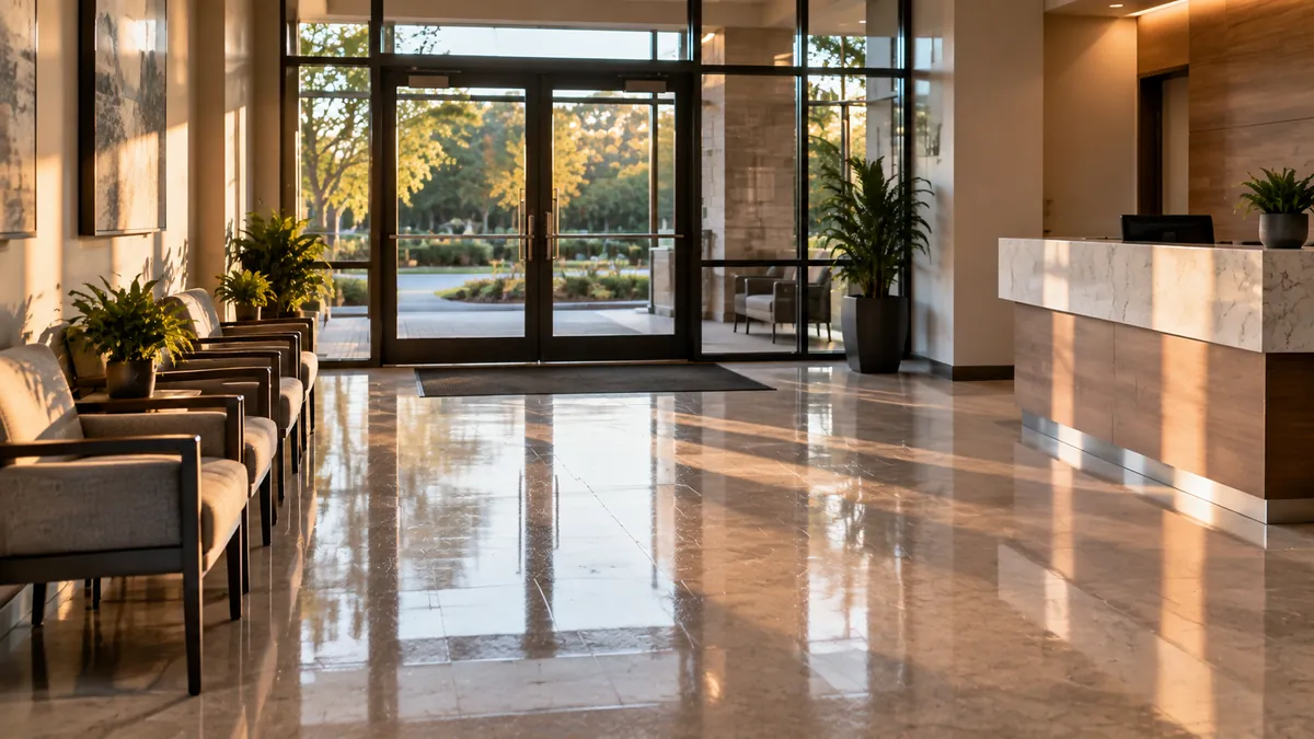 A small business reception area after cleaning, the front counter wiped bare, the glass entry door free of smudges and the carpet freshly vacuumed