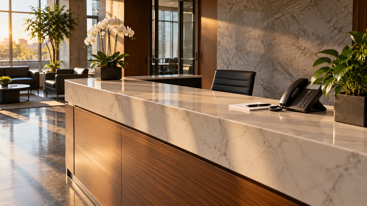 A clean front entryway with a swept tile floor, a dust free console table and a front door whose glass panel is spotless, daylight coming through it