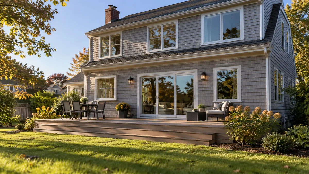 A two story house seen from the back yard on a clear afternoon, the sliding patio door and rear windows spotless and reflecting the sky over a swept deck